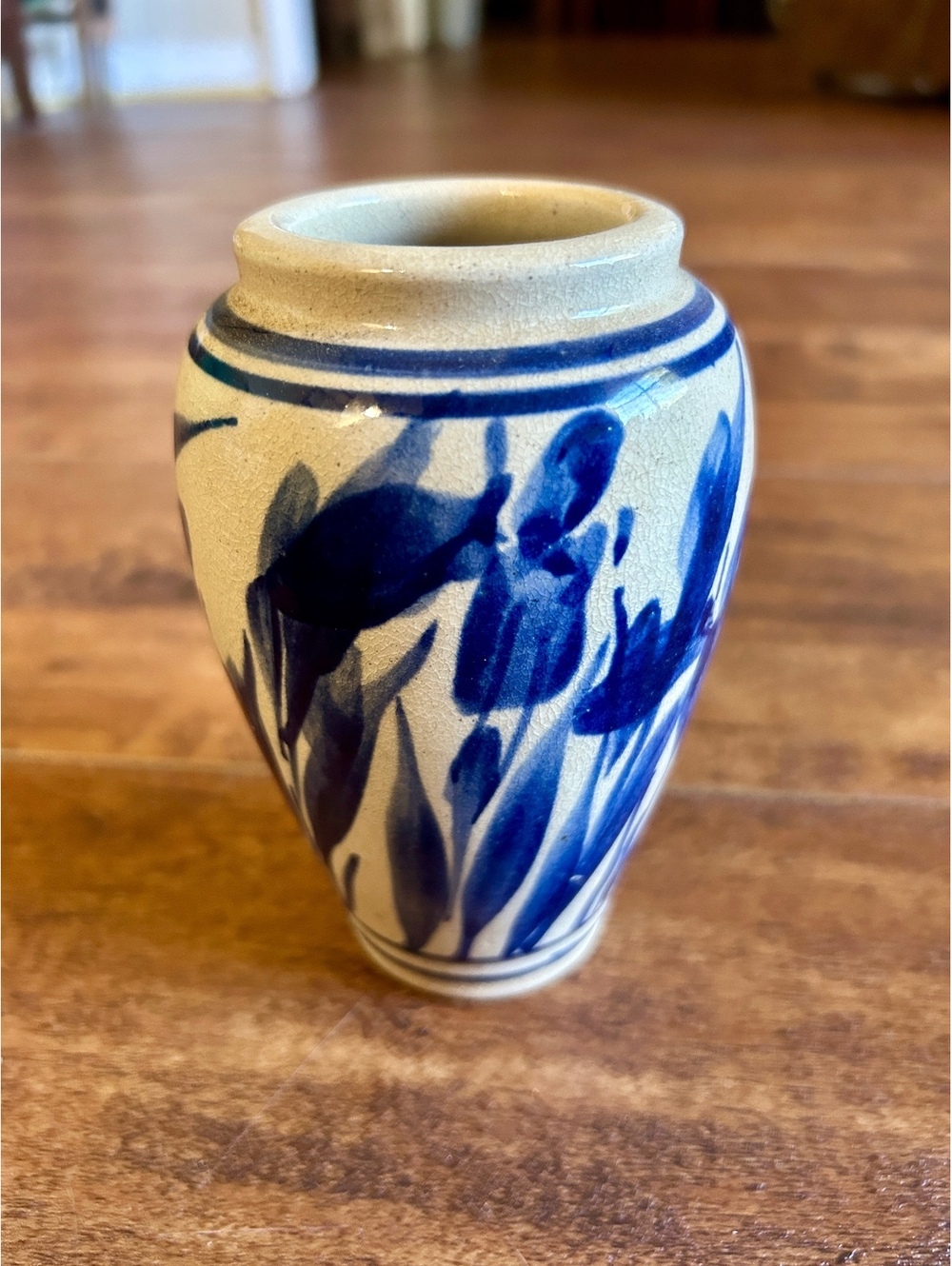 Hand-Painted Blue and White Ceramic Vase with Floral Design